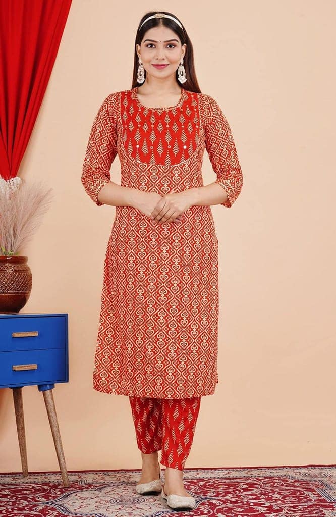 MANMAYEE Women's Rayon Mirror Work On Yoke Straight Kurti with Pant & Dupatta | 3 Piece Kurti Set view 3