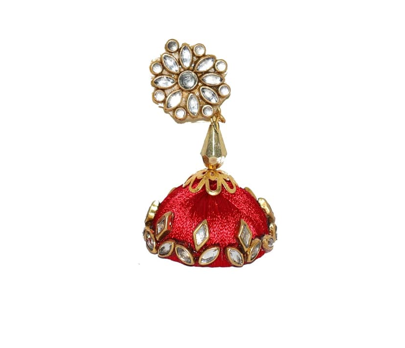 Red Silk Thread Jhumka Earrings with White Gemstones view 2