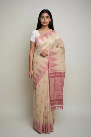 Rose Khaki Sambalpuri Baandha Ikat Handloom Cotton Saree with Blouse