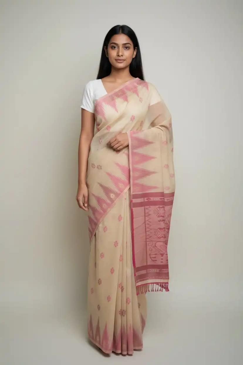 Rose Khaki Sambalpuri Baandha Ikat Handloom Cotton Saree with Blouse