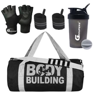 GROUPERS Duffle Canvas Bag with Shaker Bottle-400ml, Wrist Band & Glovesl (Black)