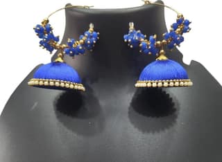 Blue Silk Thread Jhumka Earrings with Pearl and Gold Beads
