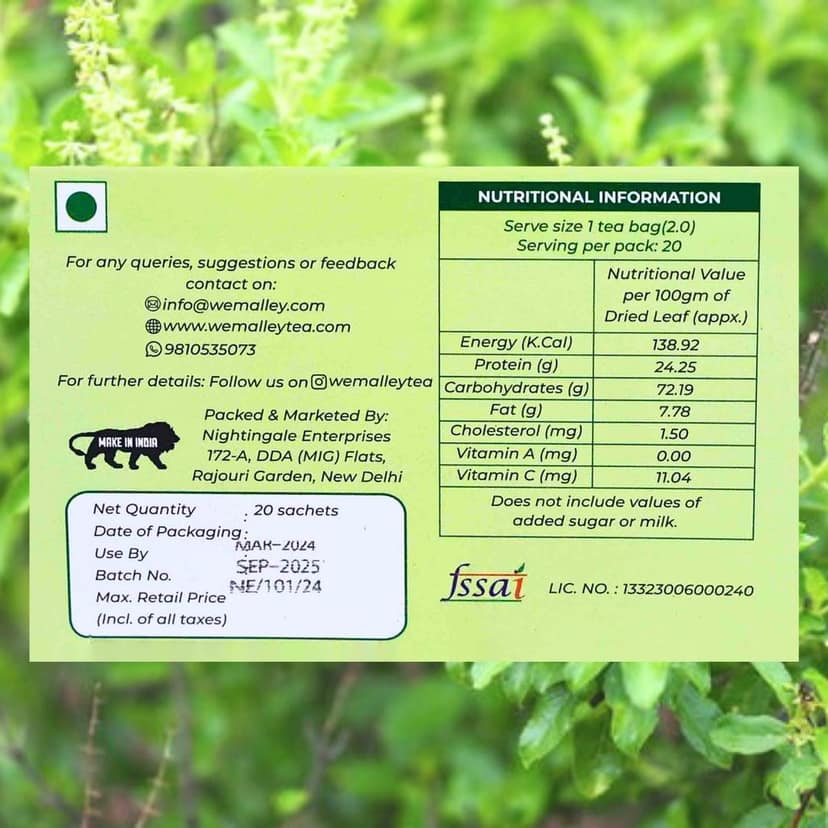 Wemalley Organic Tulsi Ginger Green Tea Teabags 40 grams| Boosts Immunity, Digestion, Metabolism & Stamina| Promote Sense of Calm & Relaxation| 0% Bitterness| 20 Teabags view 3