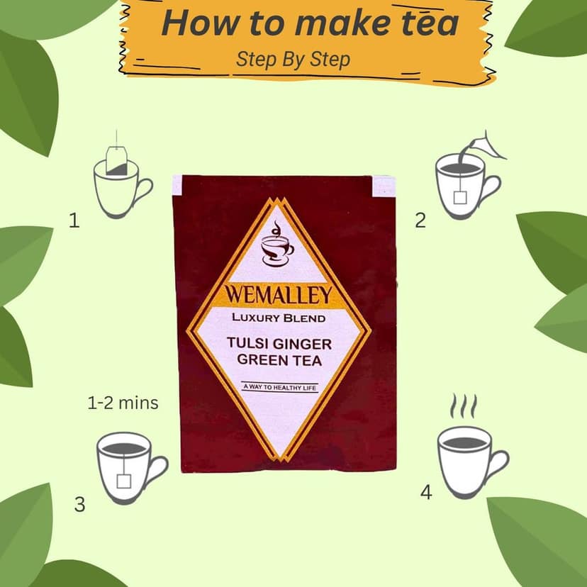 Wemalley Organic Tulsi Ginger Green Tea Teabags 40 grams| Boosts Immunity, Digestion, Metabolism & Stamina| Promote Sense of Calm & Relaxation| 0% Bitterness| 20 Teabags view 4