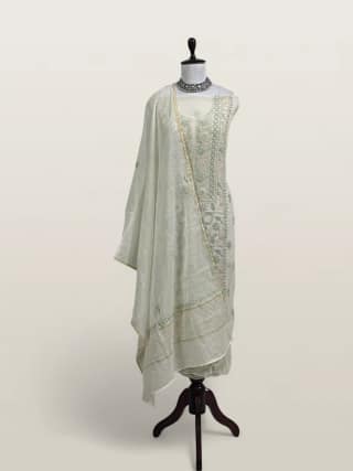Chikankari Mul Chanderi Dress Material Mint Green Floral