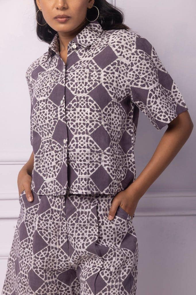 Purple Printed Linen Boxy Crop Shirt view 3