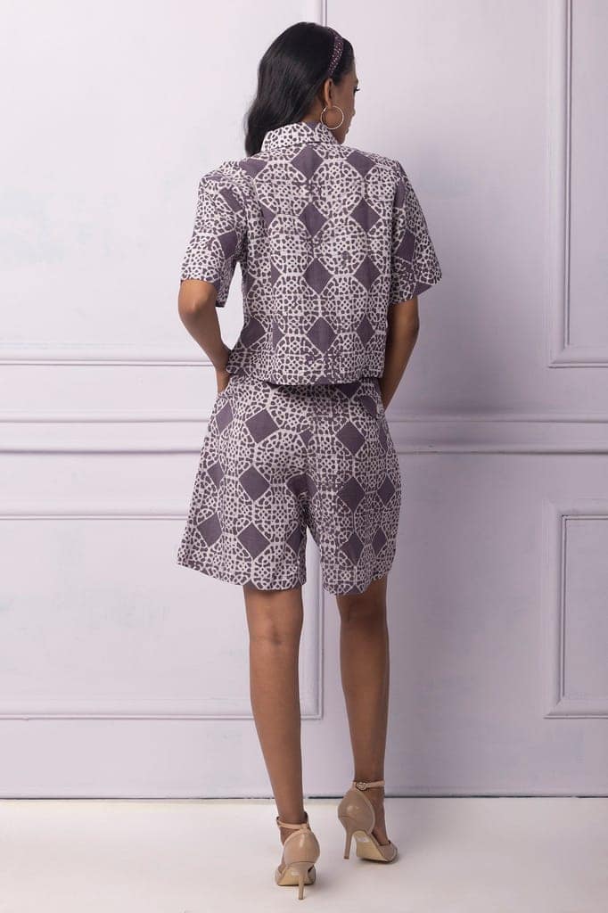 Purple Printed Linen Boxy Crop Shirt view 4