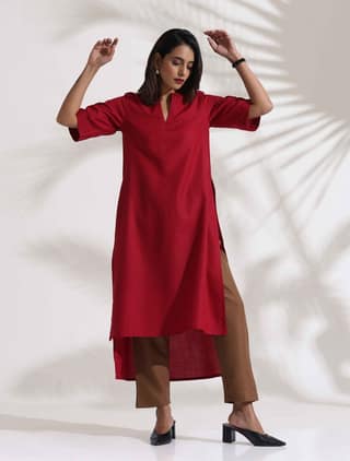 trueBrowns Maroon Slub Highslit Kurta Set - Maroon (4XL)