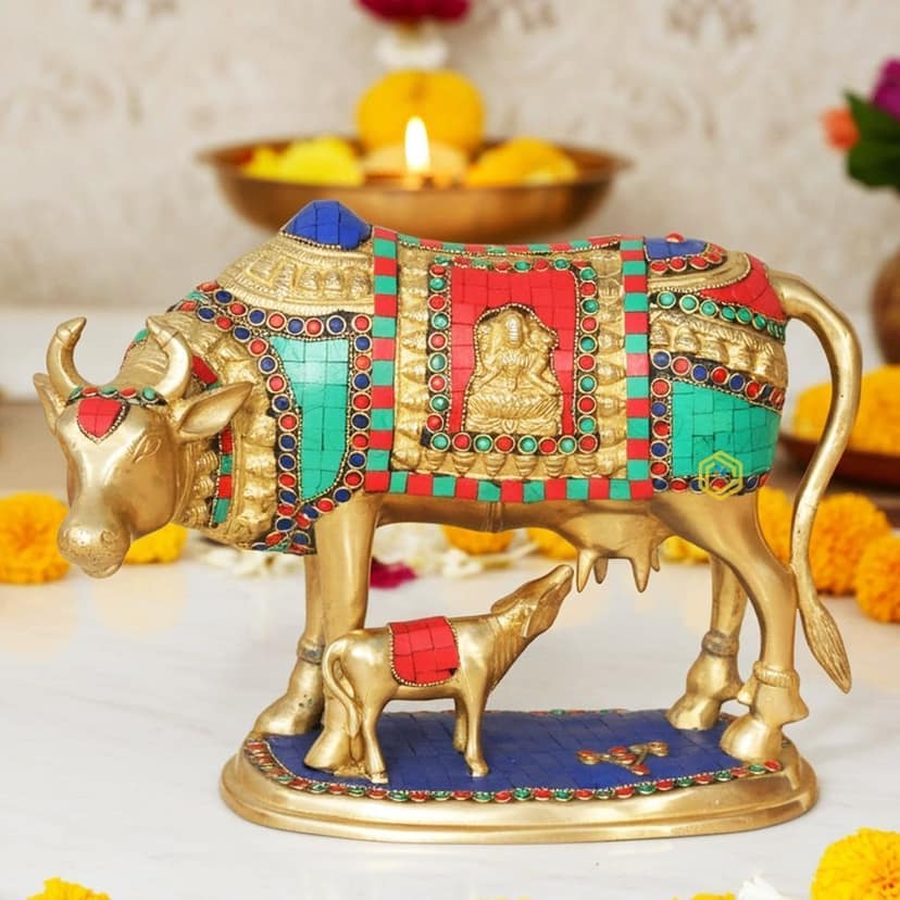 Brass Cow & Calf Stone Statue - Artistic Temple Idol, Height : 10 Inch (BSMAS804 A)