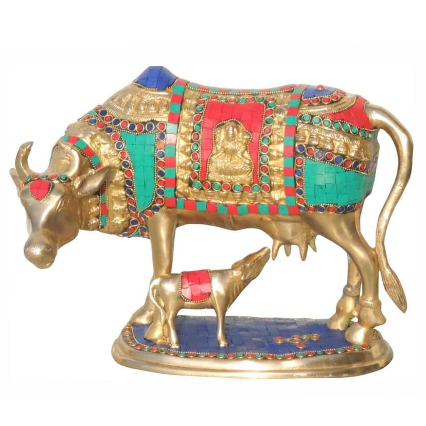 Brass Cow & Calf Stone Statue - Artistic Temple Idol, Height : 10 Inch (BSMAS804 A) view 2