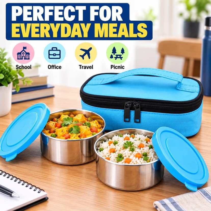 V3Deals Stainless Steel Lunch Box Set with Bag (Universal Lunch Box (8)) Includes 2 stainless steel bowls, 2 blue lids and 1 blue insulated carry bag for office, school and travel. view 10