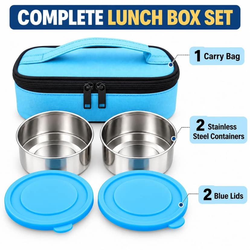 V3Deals Stainless Steel Lunch Box Set with Bag (Universal Lunch Box (8)) Includes 2 stainless steel bowls, 2 blue lids and 1 blue insulated carry bag for office, school and travel. view 2