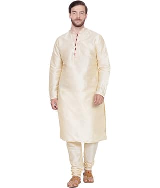 SKAVIJ Beige Silk Blend Kurta Pyjama Set