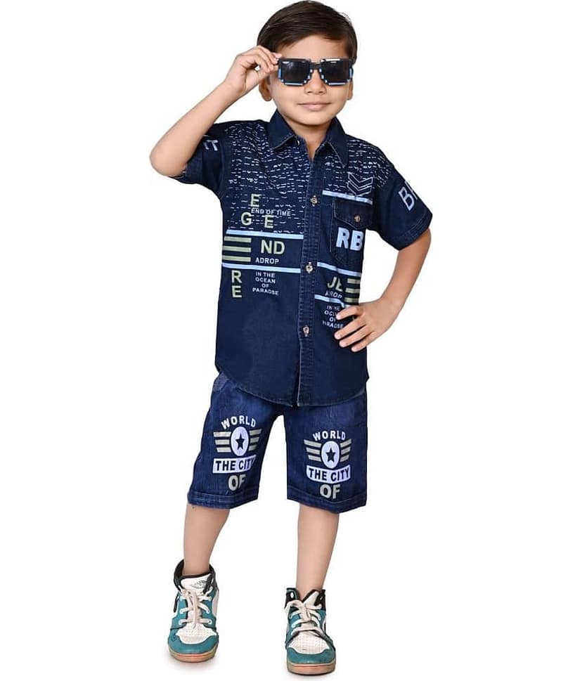 New Collection Pack of 1 Boys Denim Shirt & Pants Set ( Blue )