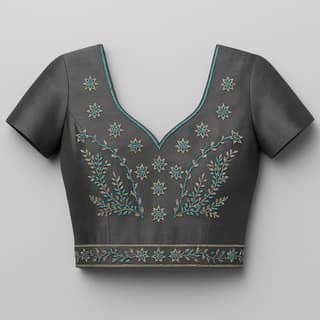 Elegant Dark Grey Silk Blouse with Intricate Floral Embroidery