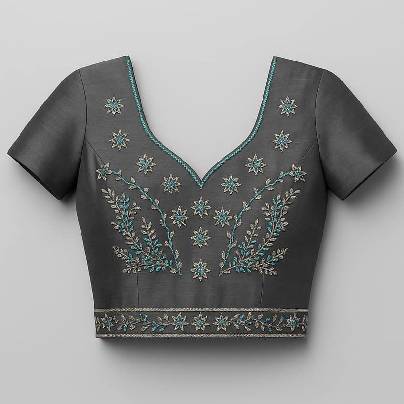 Elegant Dark Grey Silk Blouse with Intricate Floral Embroidery