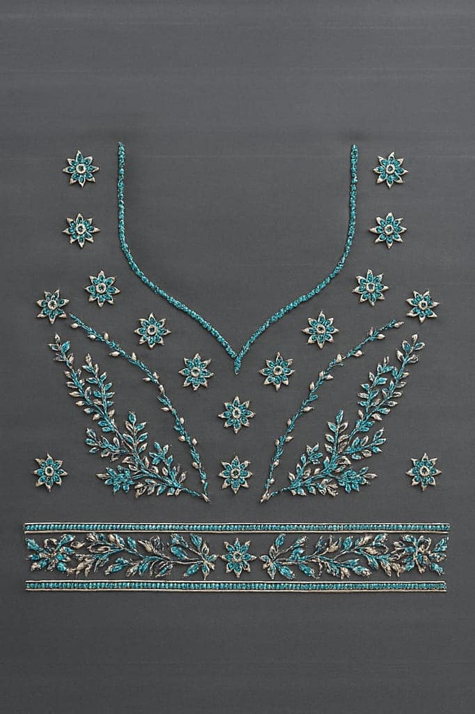 Elegant Dark Grey Silk Blouse with Intricate Floral Embroidery view 3