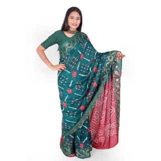 Tribes India Handwoven Emerald Green and Maroon Bandhej Saree