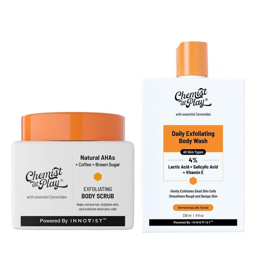 Chemist At Play Exfoliating Body Scrub For Removing Tan & Dead Skin Cells 75g + Chemist At Play Exfoliate Body Wash 236ml | Removes Tan, Fights Body Acne, Strawberry Skin | 4% (Salicylic Acid, Vitamin E & Lactic Acid) | Gentle Exfoliating Shower Gel Chem