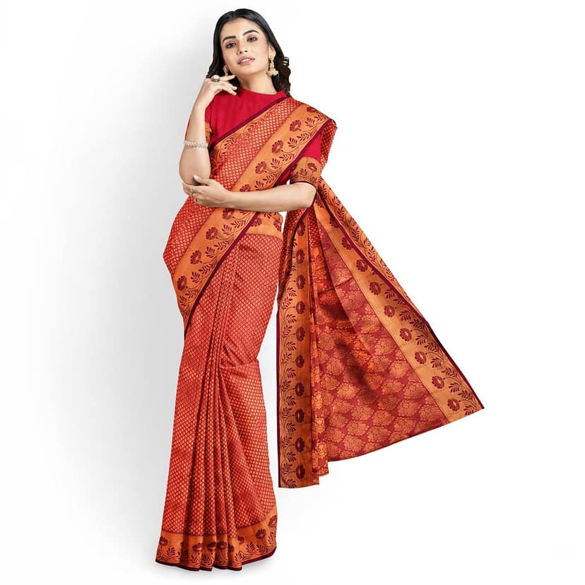 Bright Red Color Double Shaded Zari Woven Saree view 2