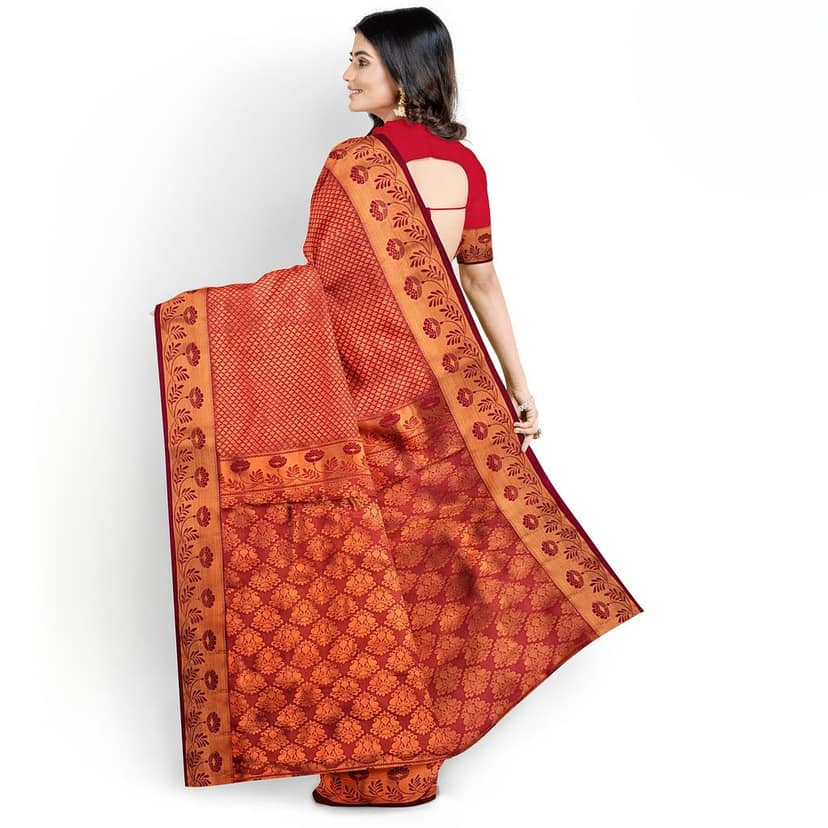 Bright Red Color Double Shaded Zari Woven Saree view 3