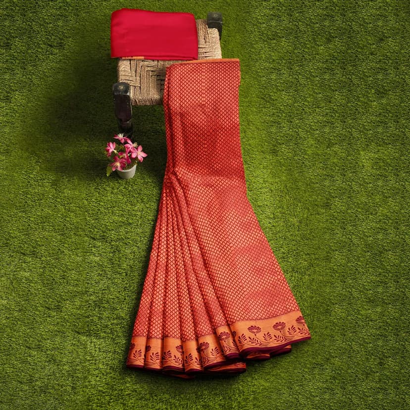 Bright Red Color Double Shaded Zari Woven Saree view 5