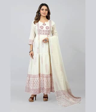 SARRAS - Off White Flared Cotton Women's Stitched Ethnic Gown ( Pack of 1 )