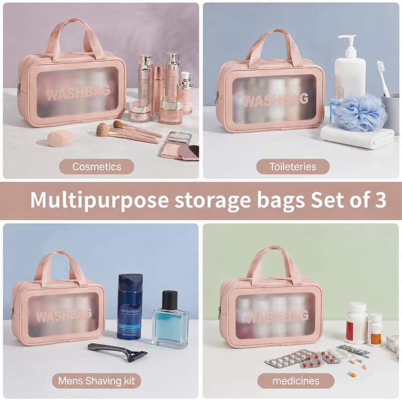 Generic Pink Translucent Travel Toiletry Washbag Organizer (Set of 3) view 3