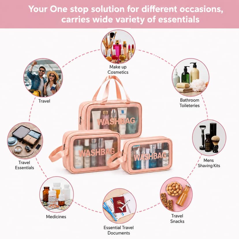 Generic Pink Translucent Travel Toiletry Washbag Organizer (Set of 3) view 4