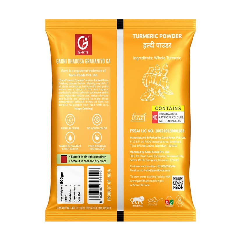 Garni Foods Turmeric Powder/Haldi Powder - Premium Grade | No Artificial Colours | Blended with Cold Grinding Technology | Original Flavour & Rich Aroma 500gm view 3