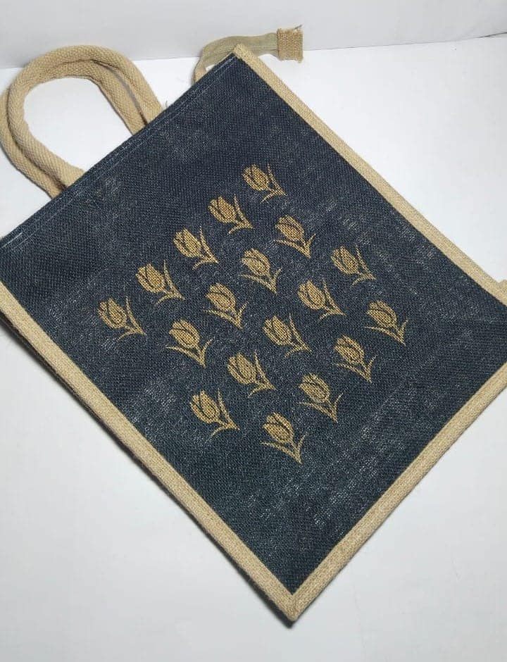 Blue Jute Bag with Golden Tulip Print view 2