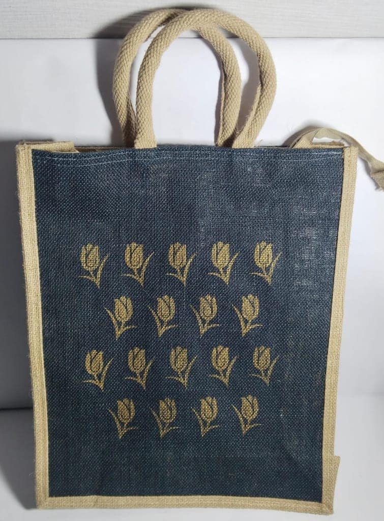 Blue Jute Bag with Golden Tulip Print view 3
