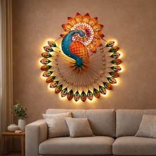Handmade Decorative Metal Colorful Peacock with LED Light for Living room Decoration 32 x 30 Inch