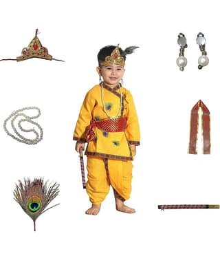 Kaku Fancy Dresses Krishna Costume for Kids | Kids Krishna Dress for Janmashtami/Kanha/Krishnaleela/Mythological Character Krishna Fancy Dress Costume for Boys/Girls - Yellow (1-1.5 Years)