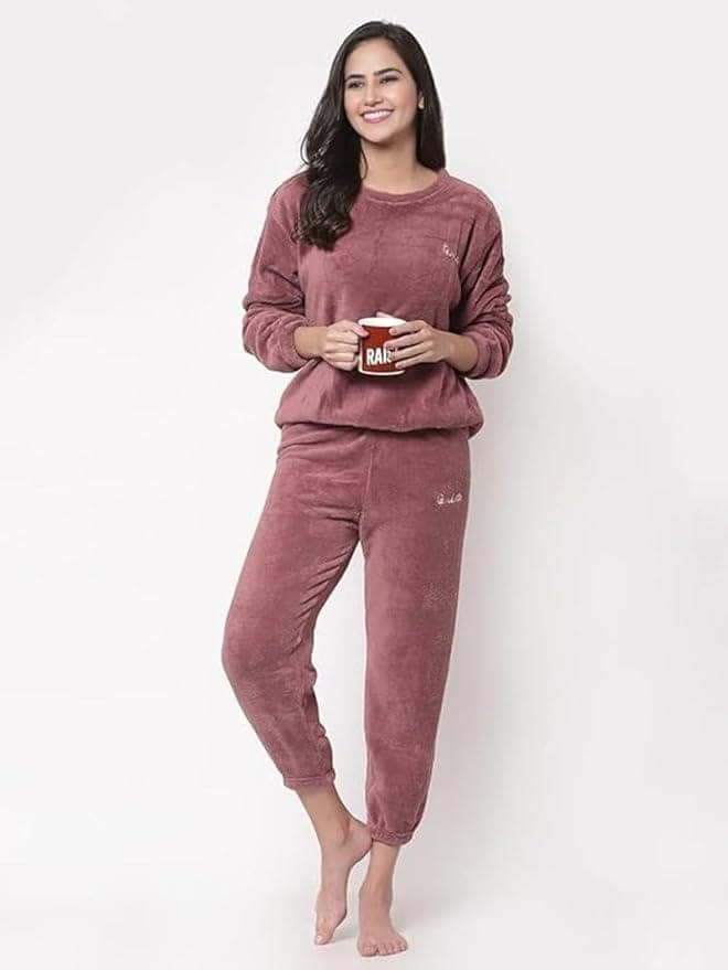 Ukal Women Winter Nightsuit Ladies Fur Nightwear Warm Night Suit for Girls Night Dress Pyjama Set Women's Full Sleeve Top and Pajama Pants Regular Fit Round Neck Pyjama Set view 3