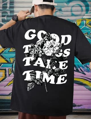 SCOTT FINCHER Men's Streetwear T-Shirt with Floral Graphic and "Good Things Take Time" Print : AA(ARN)BLACK_216