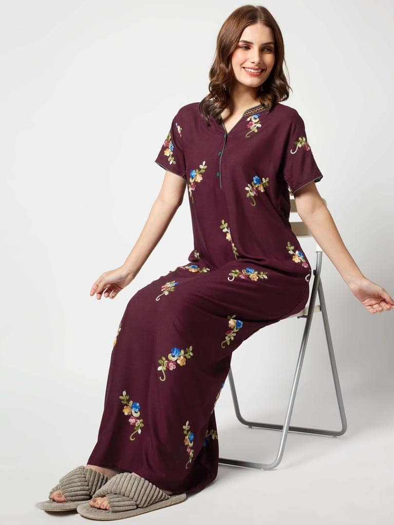 Zeyo Women Rayon Light Blue Floral Embroidery Nighty