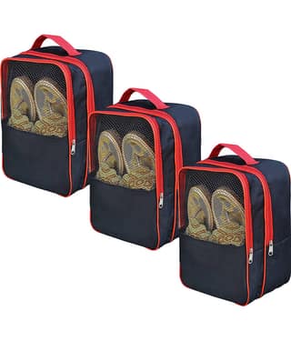 Large Shoe Storage Bag with Mesh Window, Navy Blue and Red Trim, Travel Organiser Bag for Footwear, Transparent Display Case, 30x23x14cm