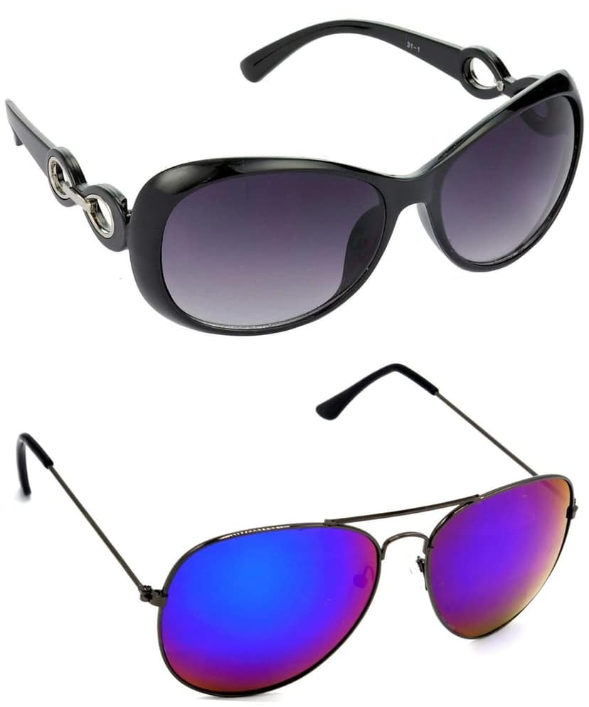 HRINKAR Unisex Over-sized Sunglasses Black & Grey Frame, Grey & Pink Lens (Medium) - Pack of 2