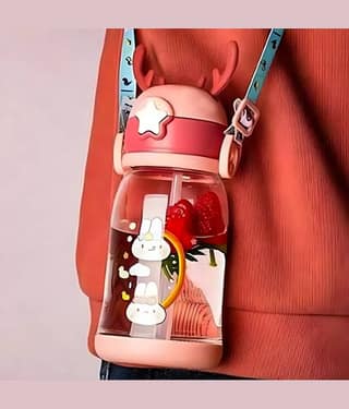 Radhe Fashion Cartoon Water Bottle with Straw Multicolour Plastic School Water Bottle 600 mL ( Set of 1 )