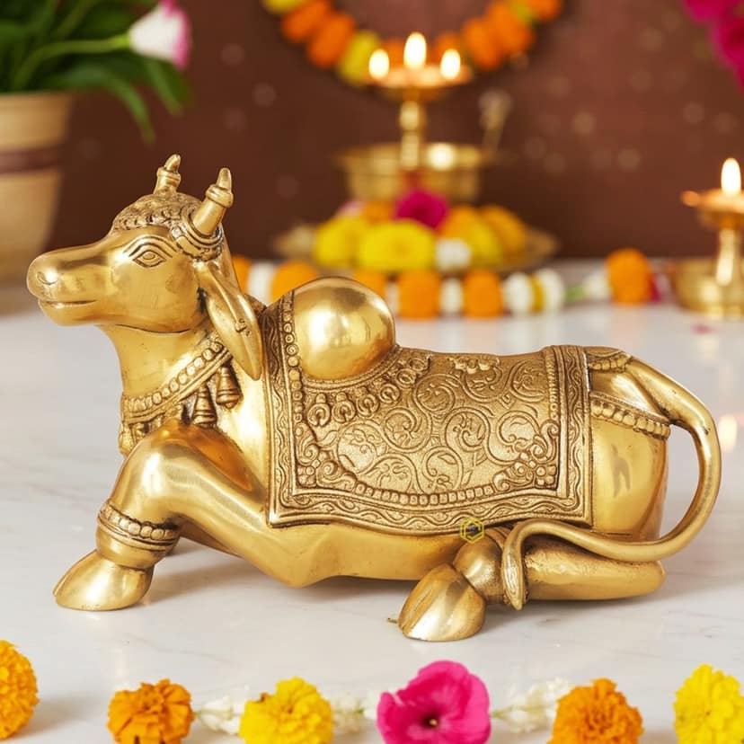 Brass Showpiece Nandi God Idol Statue - Puja Temple Showpiece, Height : 9 Inch (BSMAS1382 B)
