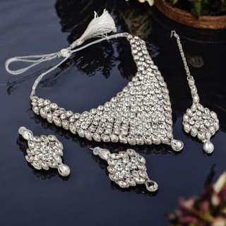 LUCKY JEWELLERY Designer Silver Plated White Color Stone Necklace Set For Women & Girls (908-L1SS-836-W-S)