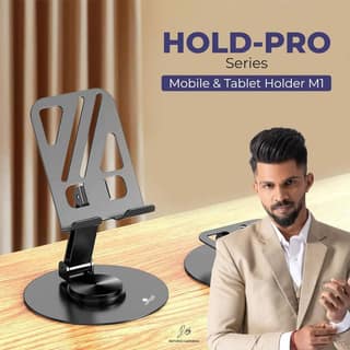 HOLD-PRO Mobile & Tablet Holder M1 (Metallic Grey) | 360-Degree Rotating Base & Adjustable Height | Desk Setup & Video Calling