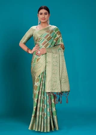 Woven Organza Saree in Green and Multicolor