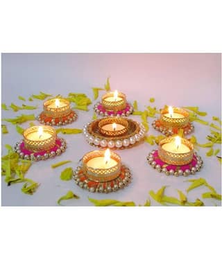 thriftkart Multicolour Floor Brass Tea Light Holder - Pack of 7