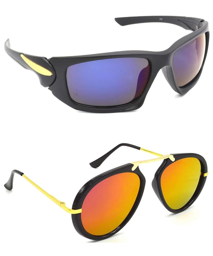HRINKAR Unisex Sports Sunglasses Black & Golden Frame, Blue & Pink Lens (Medium) - Pack of 2