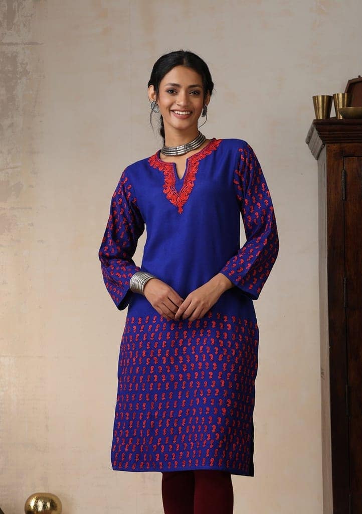 HOC Crafts Aari Embroidered Woollen Solid Women's Long Kurta - Royal Blue view 2