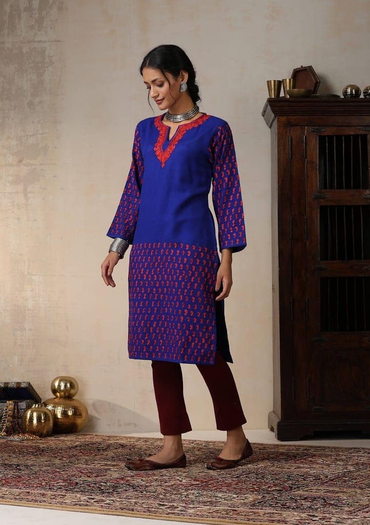 HOC Crafts Aari Embroidered Woollen Solid Women's Long Kurta - Royal Blue view 3