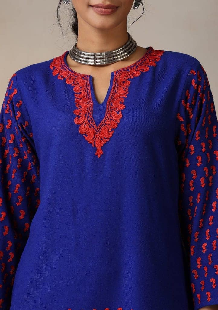HOC Crafts Aari Embroidered Woollen Solid Women's Long Kurta - Royal Blue view 4