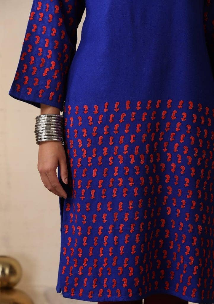 HOC Crafts Aari Embroidered Woollen Solid Women's Long Kurta - Royal Blue view 5
